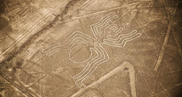 Vista aérea del geoglifo de una araña de las Líneas de Nazca