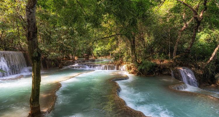 Piscinas escalonadas de color turquesa de la Cascada Kuang Si cayendo en cascada a través de una exuberante selva.