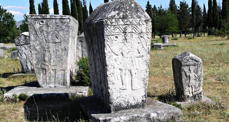 Oude stenen stećci in een grazig veld omringd door bomen.