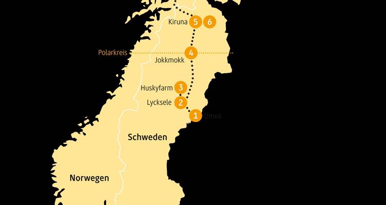 Mapa que muestra una ruta a través del norte de Suecia.