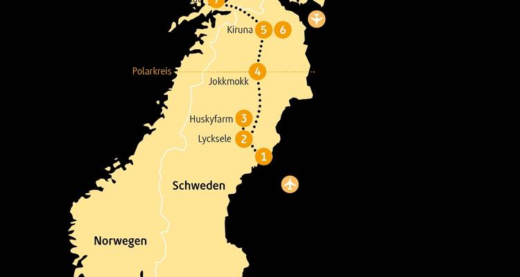 Mapa que muestra ubicaciones en Suecia y Noruega con ruta de viaje marcada.