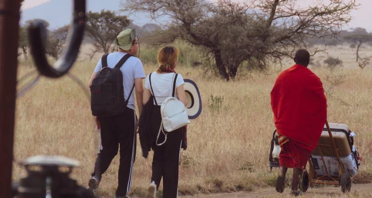 Toeristen en een gids die door een savannelandschap lopen.