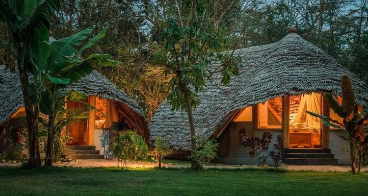 Rustieke bungalows met lantaarnverlichte deuropeningen in een tuin