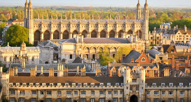 Aerial view of historic buildings in Cambridge.