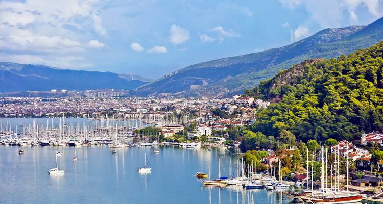Panorama del puerto deportivo de Fethiye lleno de veleros contra la ladera boscosa.