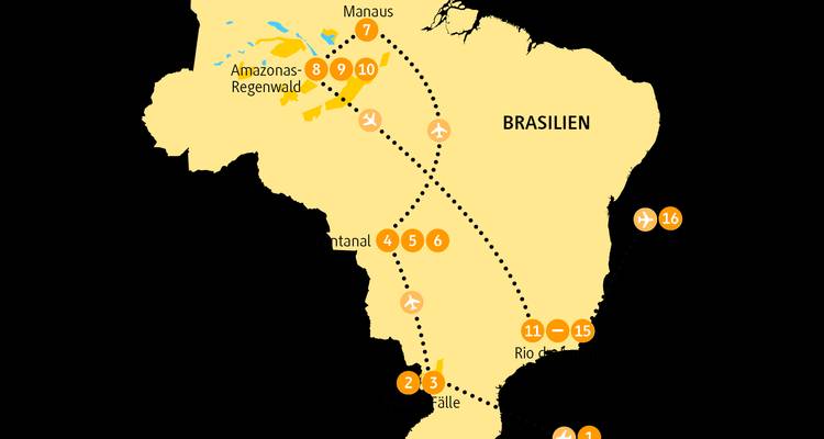 Mapa gráfico de Brasil que indica un itinerario de viaje de norte a sur con iconos de vuelos y destinos.