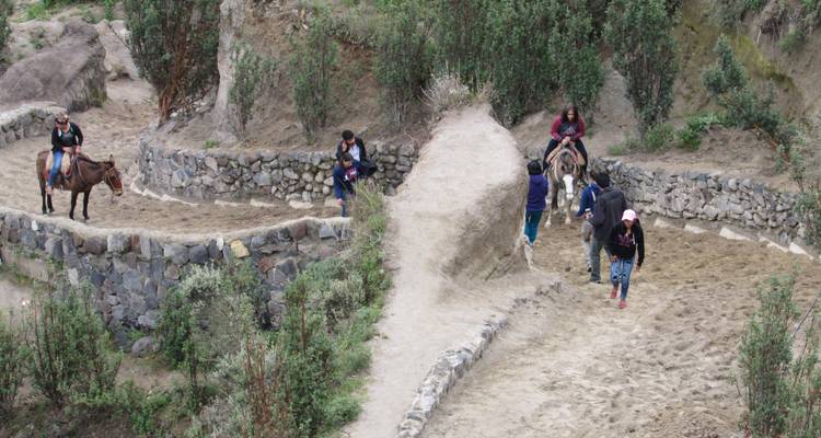 Des gens qui marchent et montent des ânes sur un sentier sablonneux.