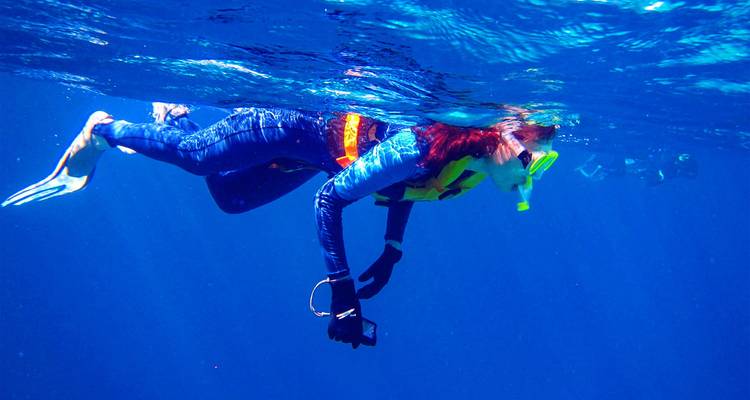 Person, die unter Wasser in klarem blauem Meer schnorchelt.
