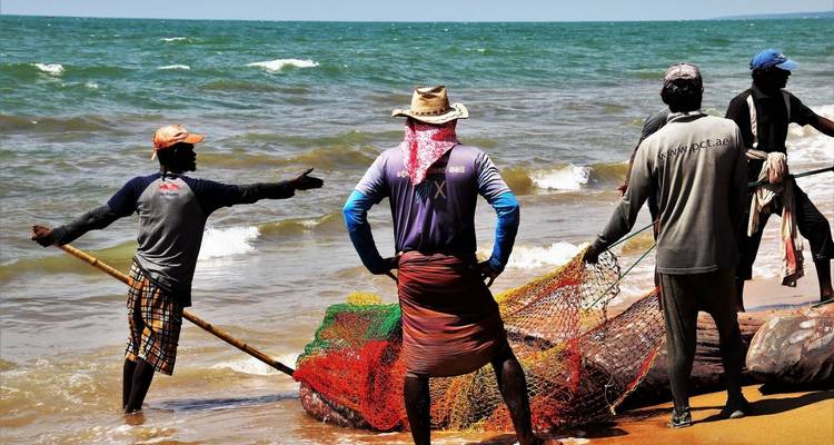Pescadores trabajando en la orilla con redes coloridas.