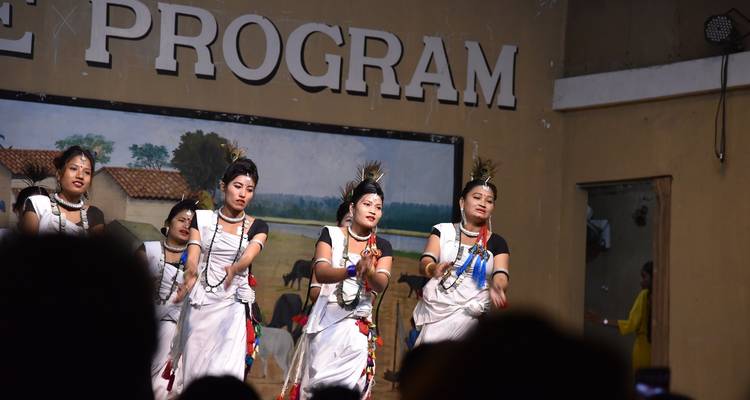 Performers in traditional dress on stage during a cultural program.

**Dutch translation:**
Artiesten in traditionele klederdracht op het podium tijdens een cultureel programma.