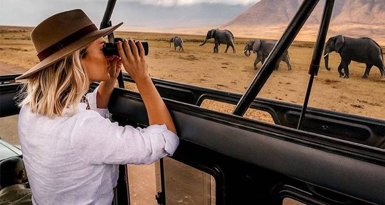 Woman on safari observing elephants with binoculars.