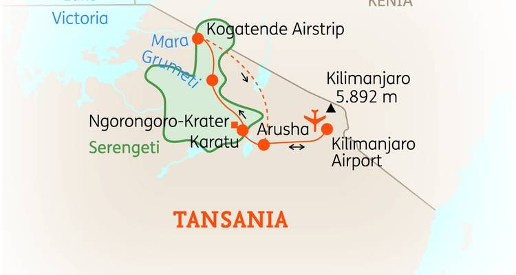 Geïllustreerde kaart met route door Tanzania.