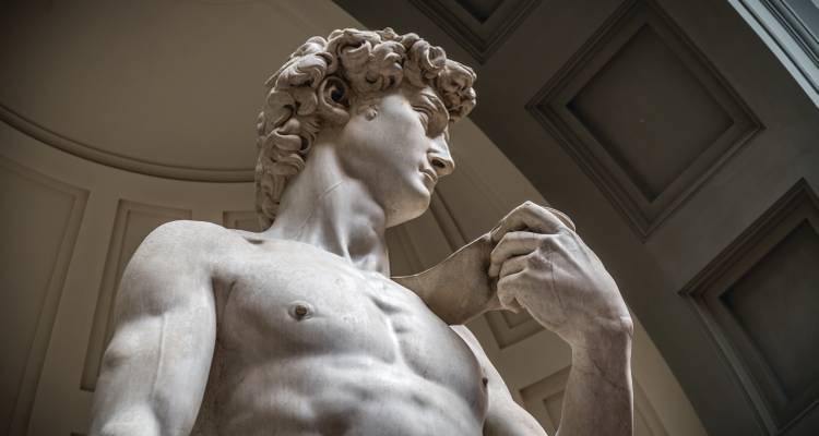 Gros plan de la statue de David de Michel-Ange mettant en évidence le travail du marbre détaillé à l'intérieur d'une galerie.