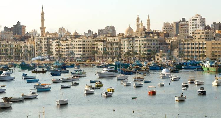 Paisaje urbano costero con numerosos barcos amarrados en el agua.