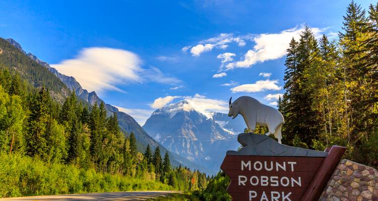 Mount Robson Park-wegwijzer met torenhoge, sneeuwbedekte piek op de achtergrond.