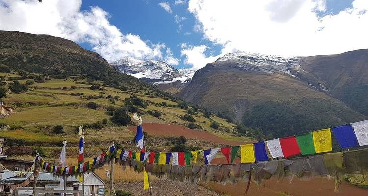 Gebetsflaggen über terrassierten Feldern mit Bergen im Hintergrund.