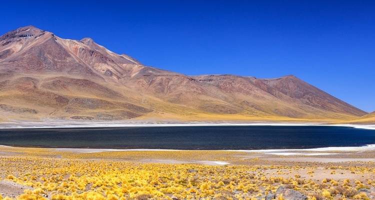 Weitläufige Wüstenlandschaft mit einem Salzsee und bergiger Kulisse.