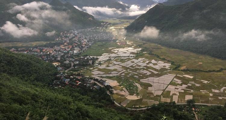 Ein Panoramablick auf ein Tal mit Reisfeldern und nebelverhangenen Bergen.
