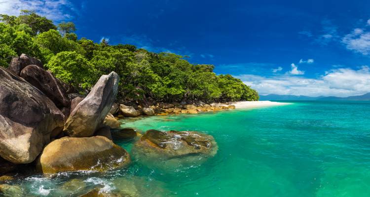 Plage tropicale avec une eau turquoise et une végétation luxuriante.