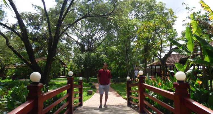 Een persoon die op een houten brug staat in weelderige omgeving.