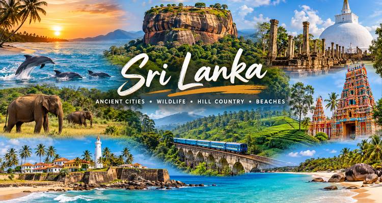 Een kleurrijke collage met iconische Sri Lankaanse landschappen en grote promotionele tekst in het midden.