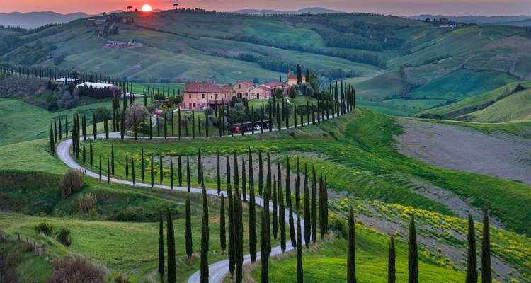 Paisaje escénico de una carretera serpenteante bordeada de cipreses que conduce a una villa toscana al atardecer.