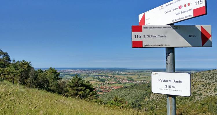 Wegweiser mit malerischem Blick auf ein Tal und Hügel.