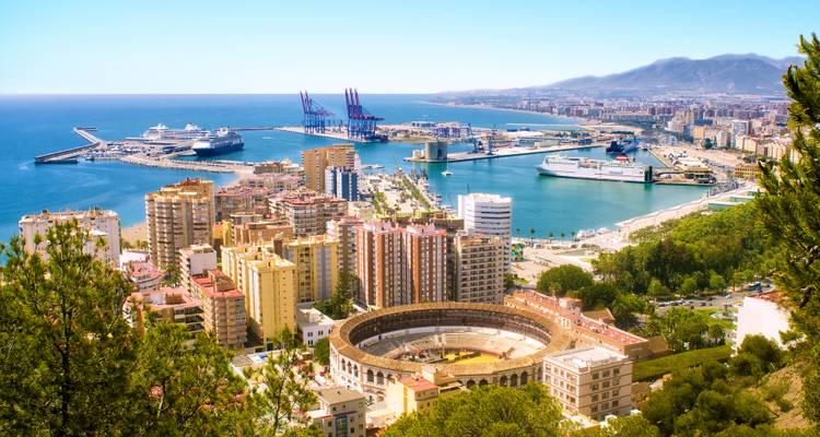 Vista panorámica de Málaga que muestra la plaza de toros, las grúas del puerto, cruceros y el azul Mar Mediterráneo.