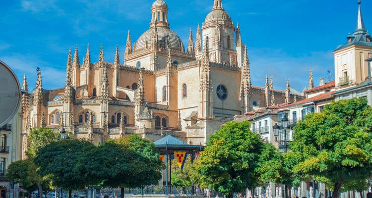 Catedral de estilo gótico con agujas que se elevan rodeada de árboles vibrantes bajo un cielo azul brillante.