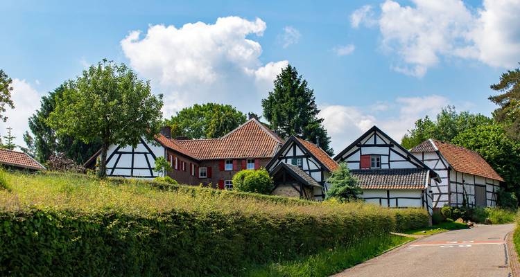 Traditional timber-framed houses in a quaint village.