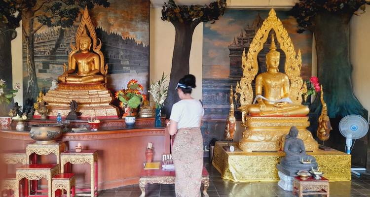Person praying in front of Buddhist statues