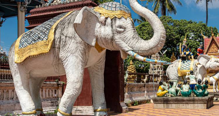 Beeldhouwwerken van olifanten met ingewikkelde ontwerpen.