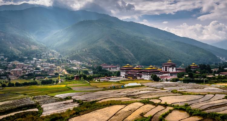 Aerial view of a traditional Bhutanese town with fields and mountains.