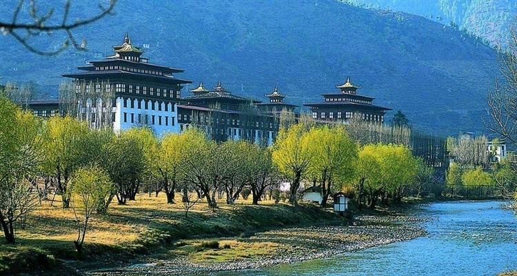 Traditional Bhutanese architecture near a river with trees.