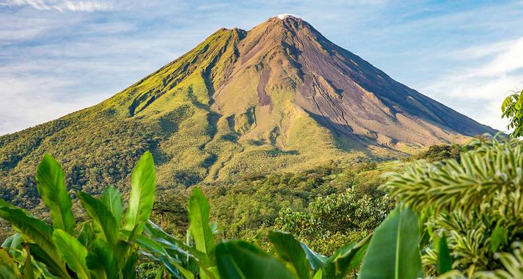 Volcán Arenal con exuberante vegetación en primer plano.