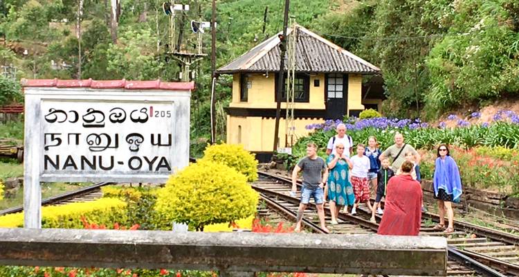 Een groep mensen die staat bij een spoorwegstationbord voor Nanu Oya met een klein gebouw en kleurrijke planten op de achtergrond.