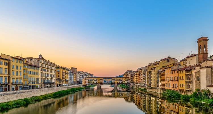Vista panorámica del río con edificios históricos y un puente.