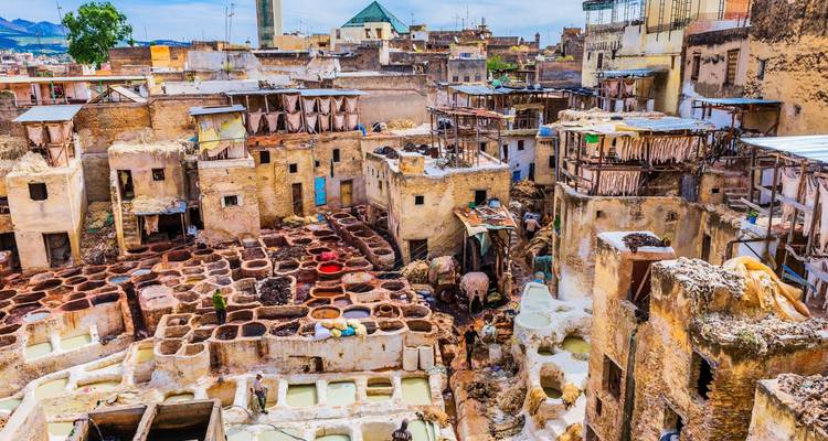 Traditionelle Gerberei mit Lederfärbebottichen in Fès, Marokko.