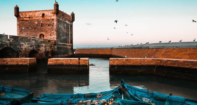 Essaouira haven met afgemeerde blauwe boten.