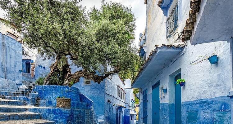 Blue buildings and narrow streets of a Moroccan town