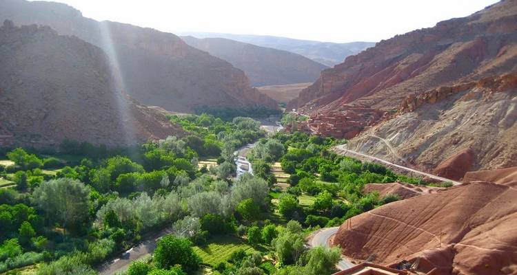 Weelderige groene vallei met een rivier die zich door de bergen slingert.