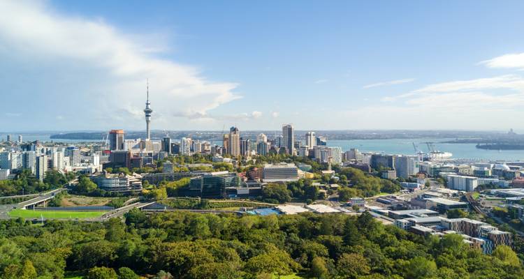 Panoramisch uitzicht op de skyline van Auckland en de omliggende wateren vanaf een hoog punt.