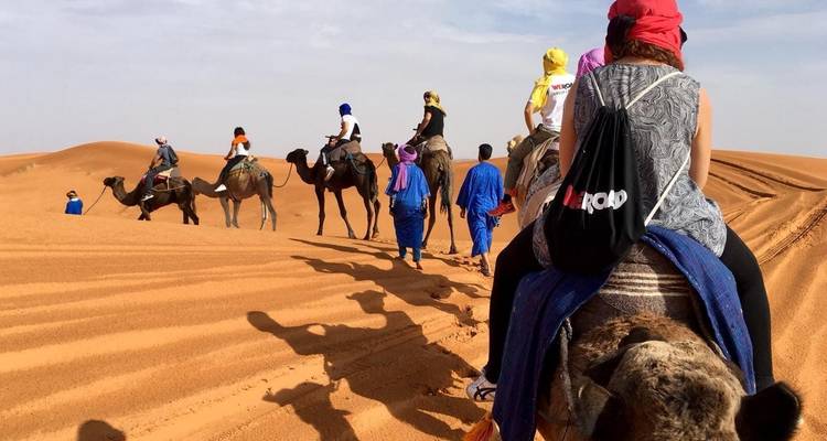 People riding camels in the desert.
**French translation:**
Des gens qui montent des chameaux dans le désert.