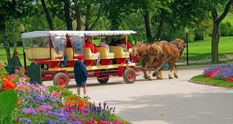 Voiture à cheval ouverte remplie de touristes passant devant des jardins colorés sur l'Île Mackinac