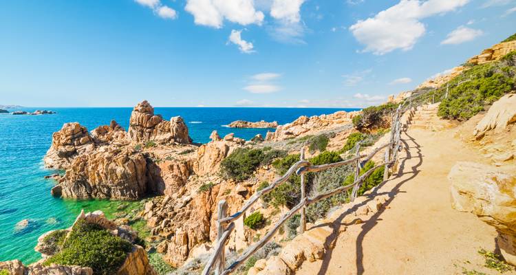 Sentier côtier avec falaises rocheuses et mer bleue.