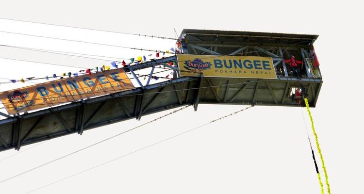 Bungee jumping platform with a sign reading 'Bungee Pokhara Nepal'.