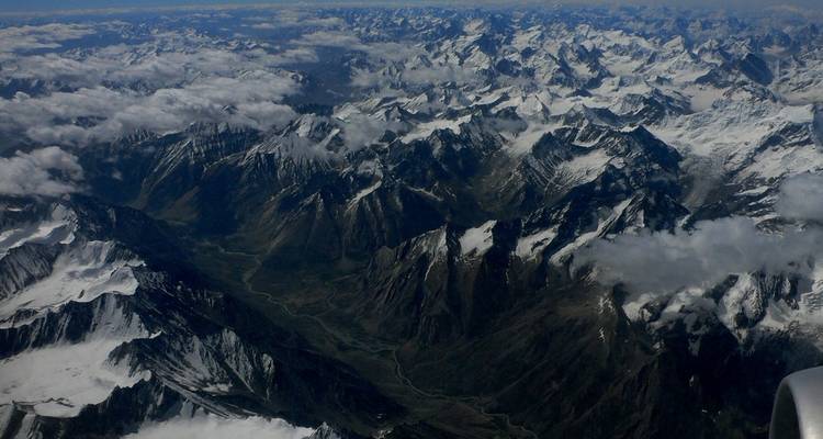 Aerial view of snow-capped mountains.