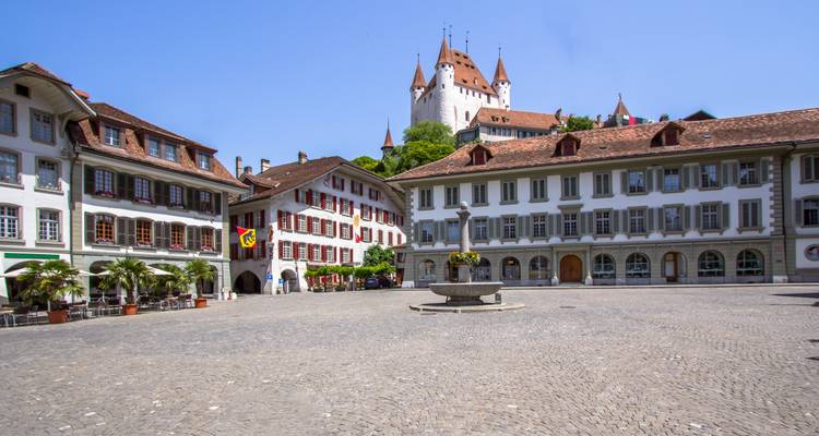Courtyard square with cobblestones and a castle.