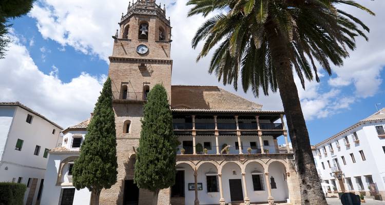 A historical building with a clock tower and trees around.
