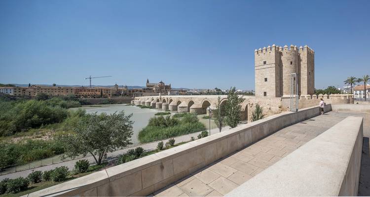 Blick auf eine historische Brücke mit Touristen in der Nähe eines Flusses.
